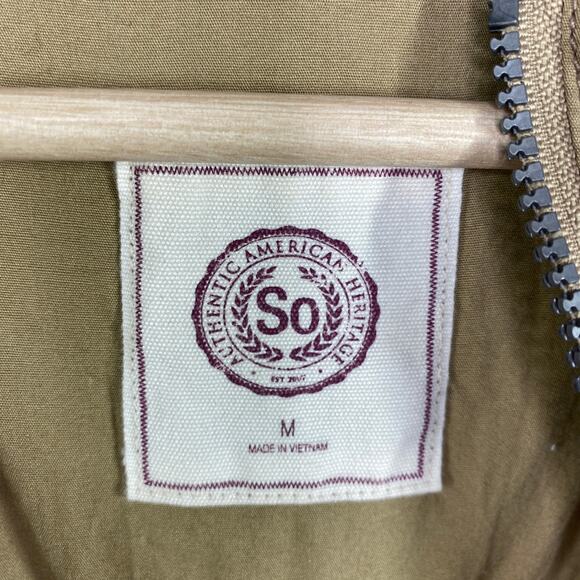 So Women Khaki Utility Jacket Size M Tan Full Zip Button Snap Hooded Lightweight - Picture 5 of 7